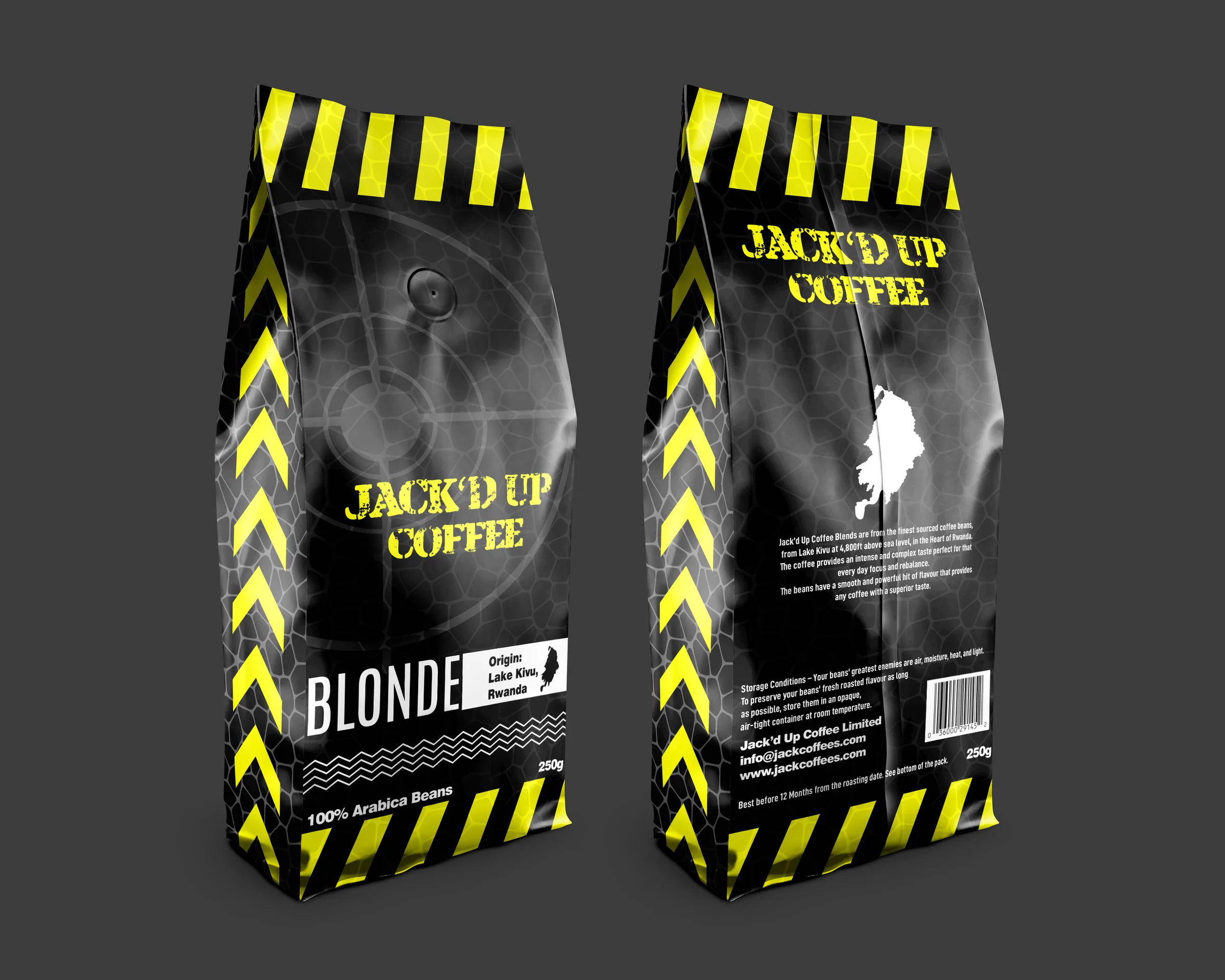 Jack’d Up Coffee packaging design and 3D mockup by Satori Design Studio