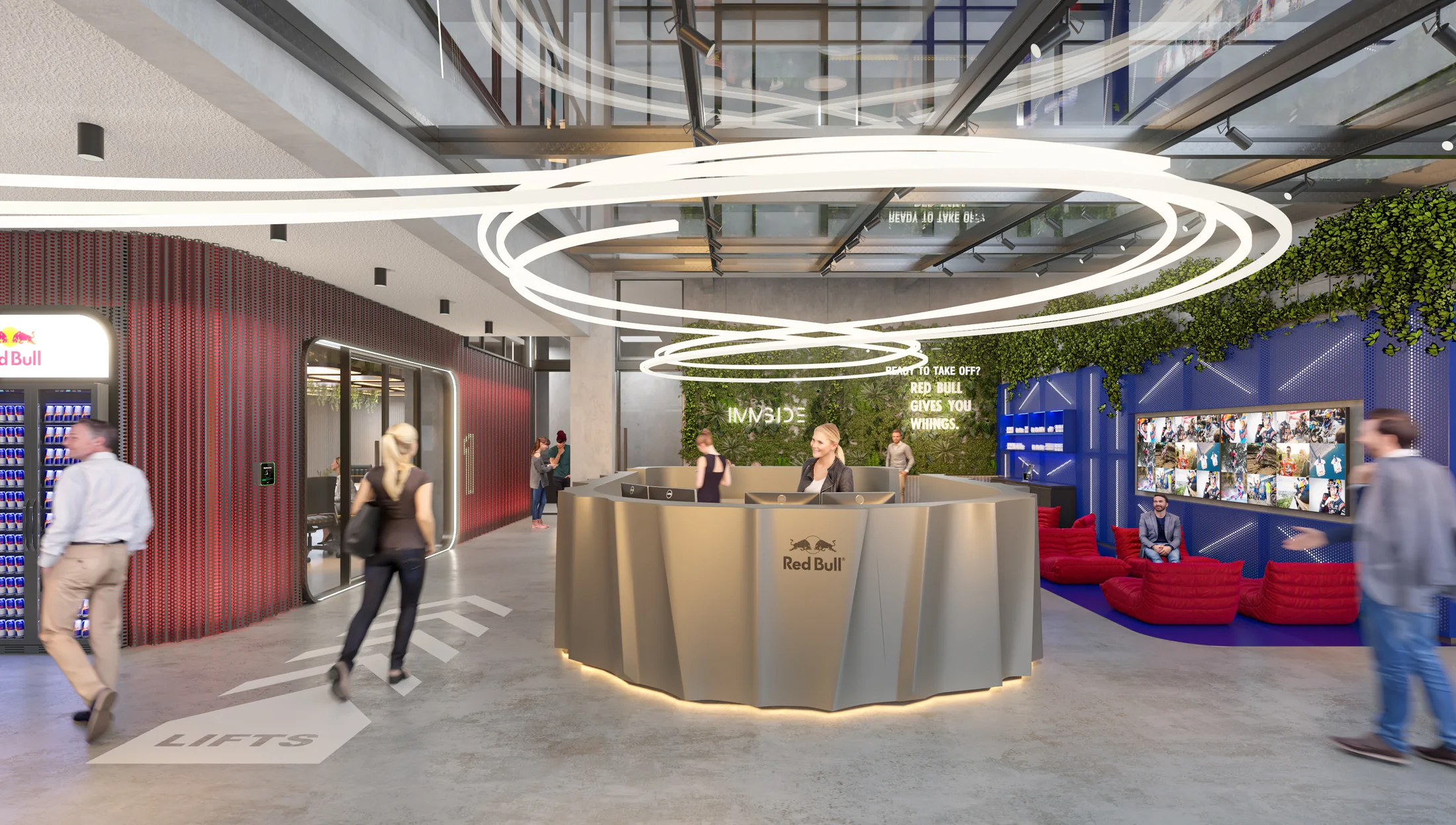 Red Bull workplace reception 3D visualisation by Satori Design Studio