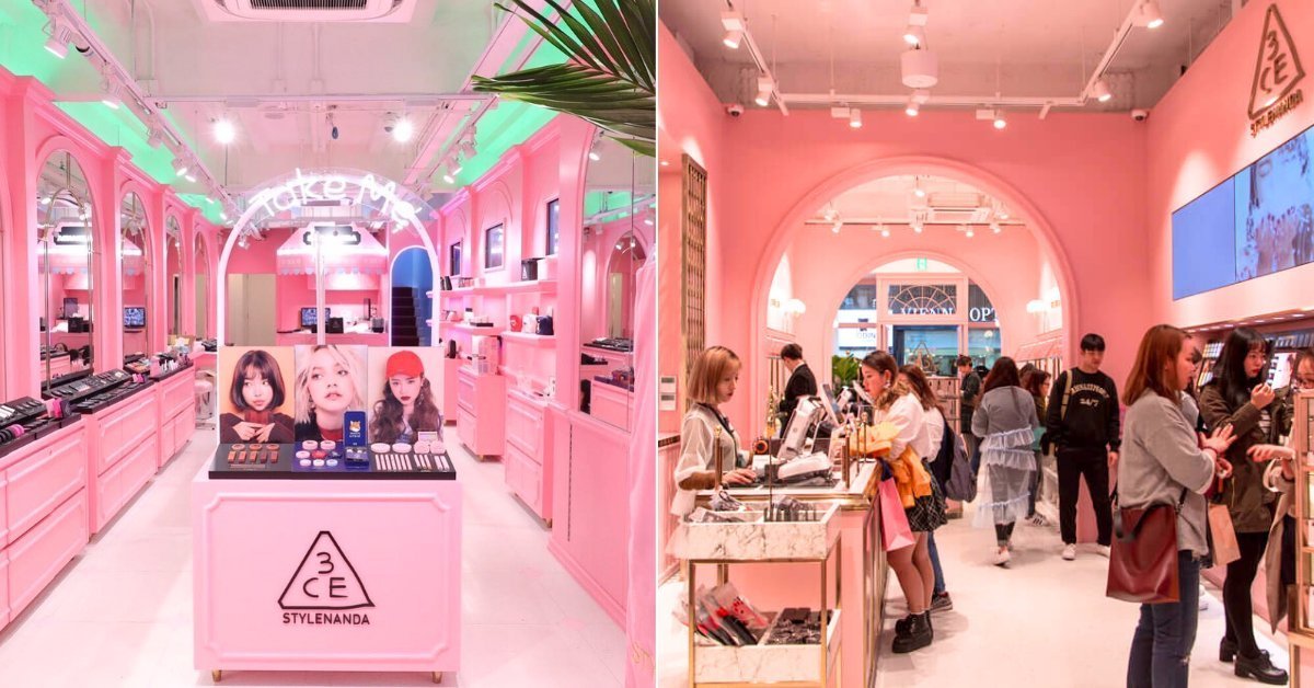 Photorealistic 3D-rendered pink concept interior for 3CE Stylenanda Malaysia