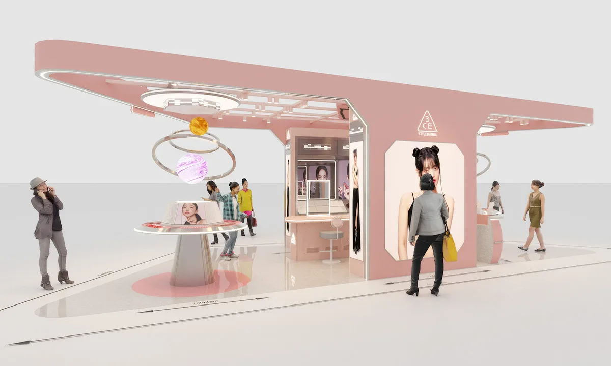 Chic interior design of 3CE Mid Valley Pop-Up, blending modern aesthetics with brand identity