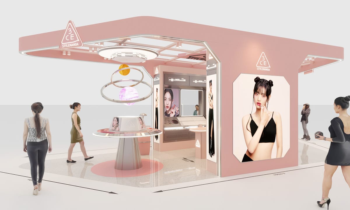 Interactive makeup testing area at 3CE Mid Valley Pop-Up, designed for a hands-on beauty experience.