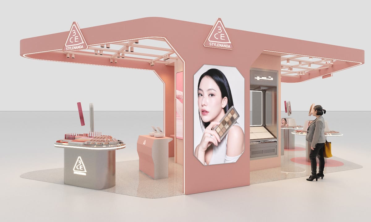 Stylish product display at 3CE Mid Valley, showcasing best-selling beauty items.