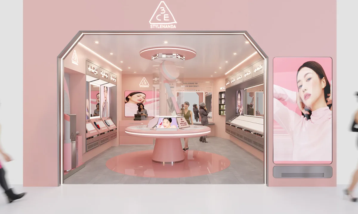 3CE Store Sunway Pyramid – Modern minimalist retail design with pink accents.