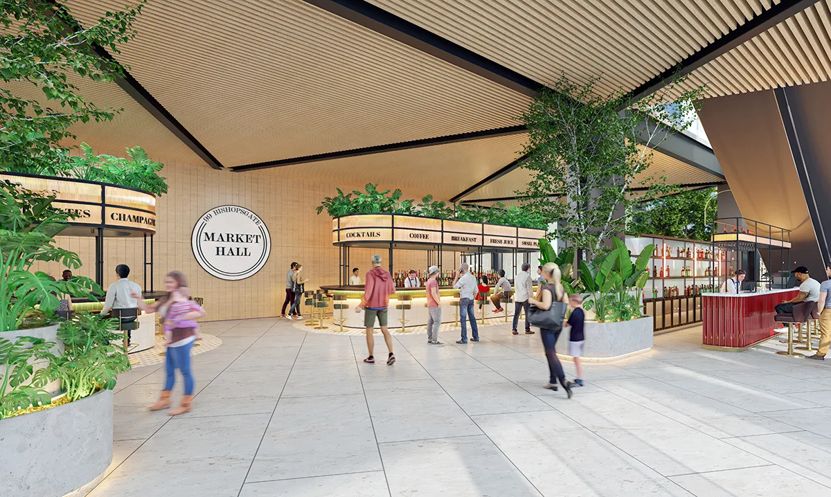 3D visualization of 99 Bishopsgate Market Hall interior, showcasing a modern open-concept dining area with natural lighting.