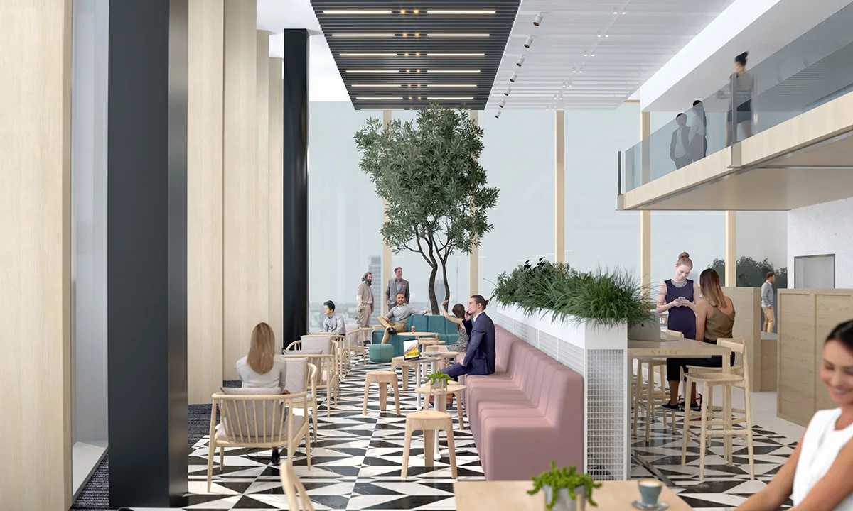 3D visualization of an open-plan office on the 5th floor, designed for collaboration and efficiency.