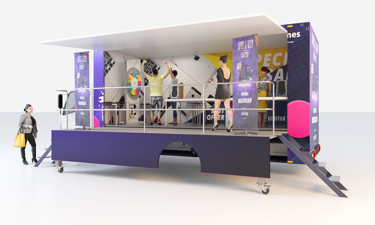 3D visualization of an event truck, showcasing a dynamic and immersive roadshow experience.
