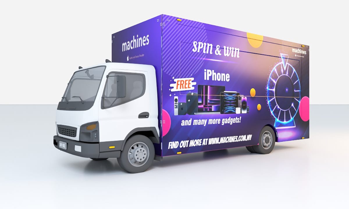Front view of a 3D-rendered event truck designed for brand roadshows and activations.