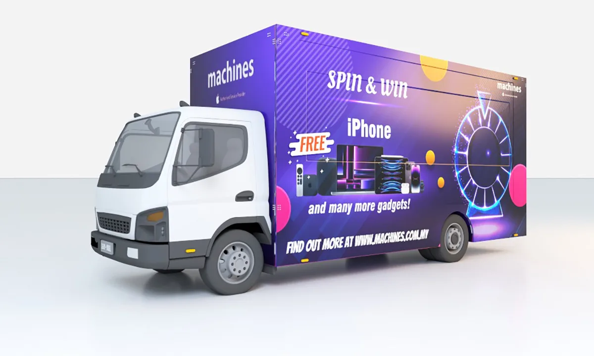 Front view of a 3D-rendered event truck designed for brand roadshows and activations.