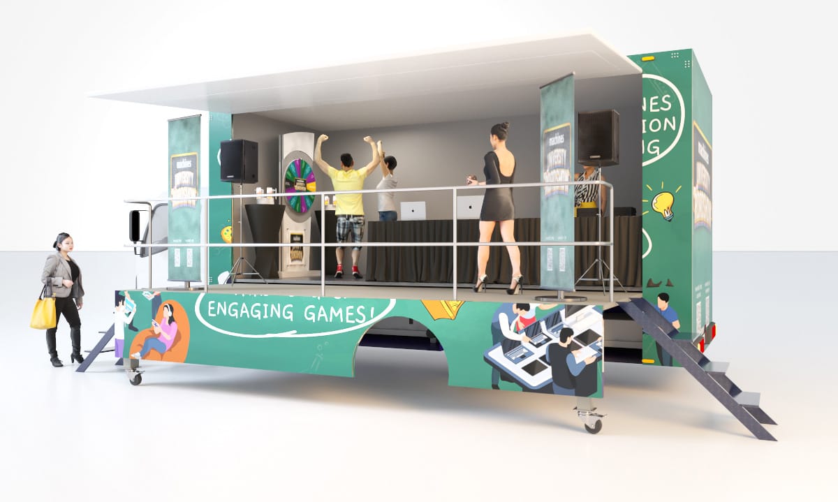 Side profile of a mobile event truck featuring eye-catching branding and interactive elements.
