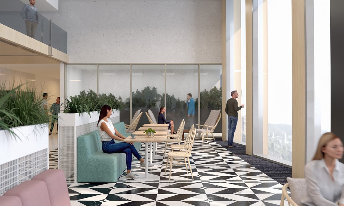 Stylish office interior 3D render with contemporary furnishings and a sophisticated ambiance