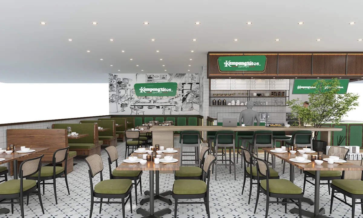 Modern pop-up restaurant concept for Kampung Bites, blending tradition with contemporary aesthetics
