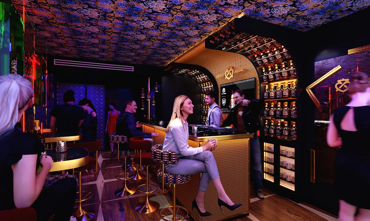 High-end 3D render of Chivas Regal Lounge, highlighting premium materials and elegant lighting.