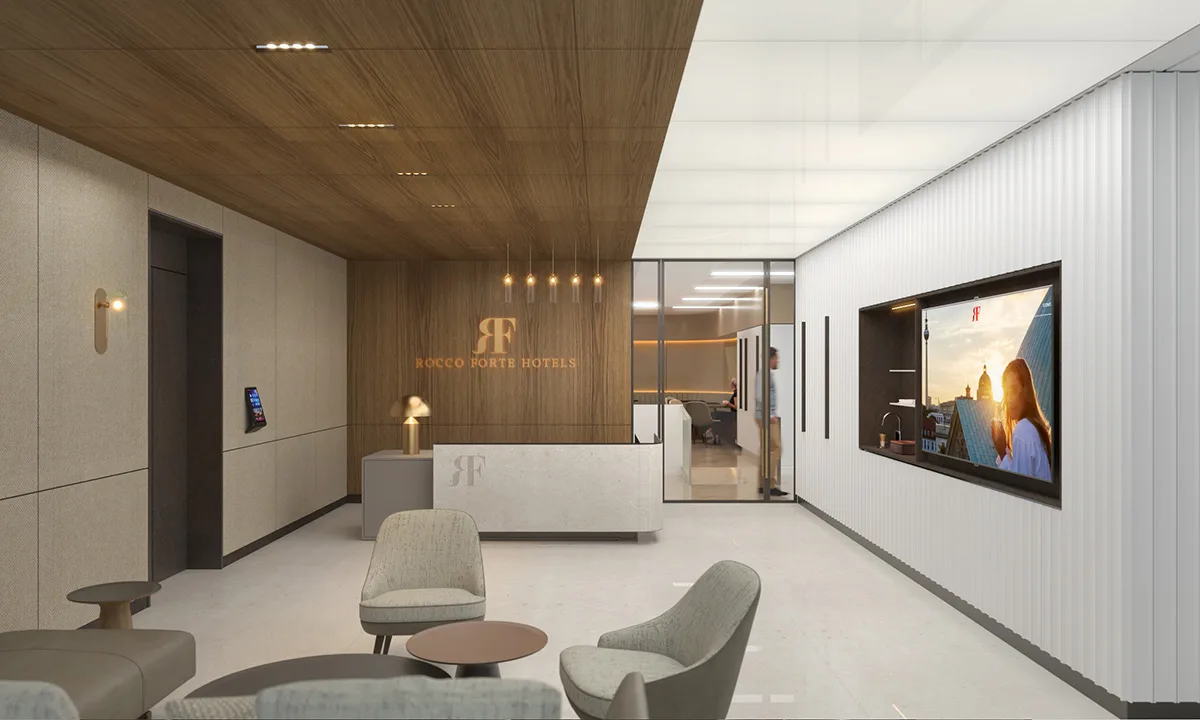 Elegant reception area of Rocco Forte Hotels' main office in Central London, designed for a welcoming first impression.