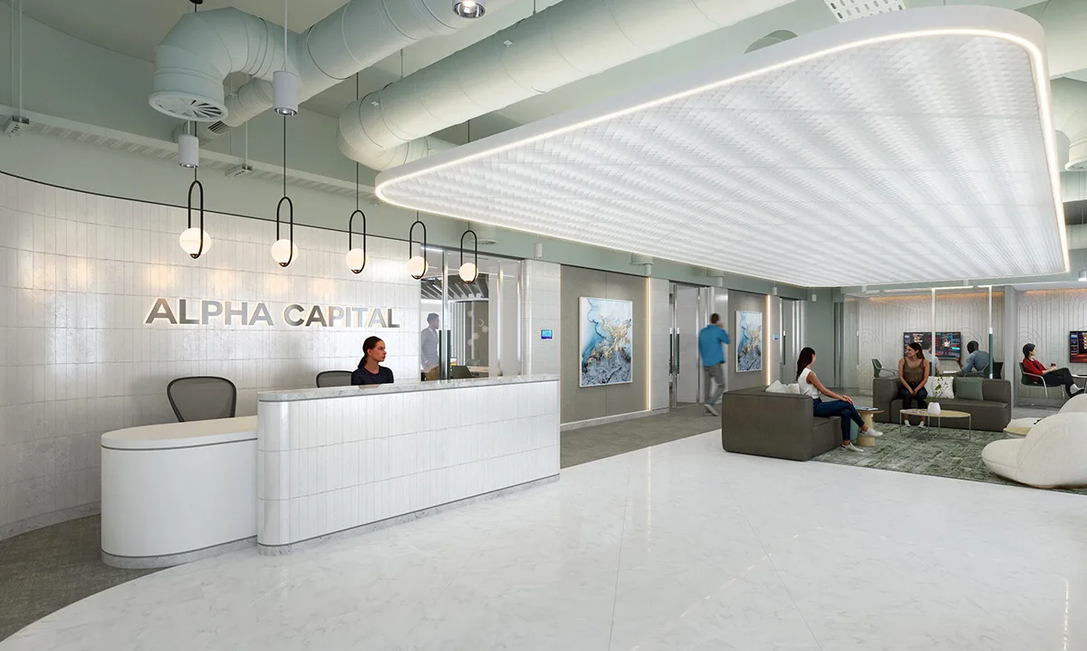 3D visualization of UK House reception area in London, featuring a modern and welcoming design.