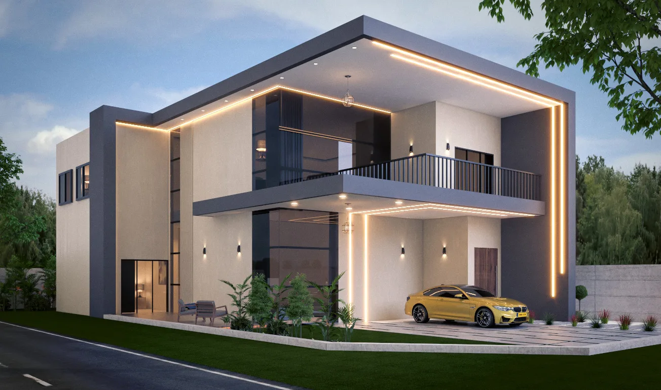 Perspective view of a luxurious villa, featuring refined design and outdoor aesthetics.