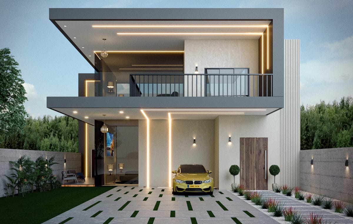 3D visualization of a modern villa exterior, highlighting architectural details and landscaping.