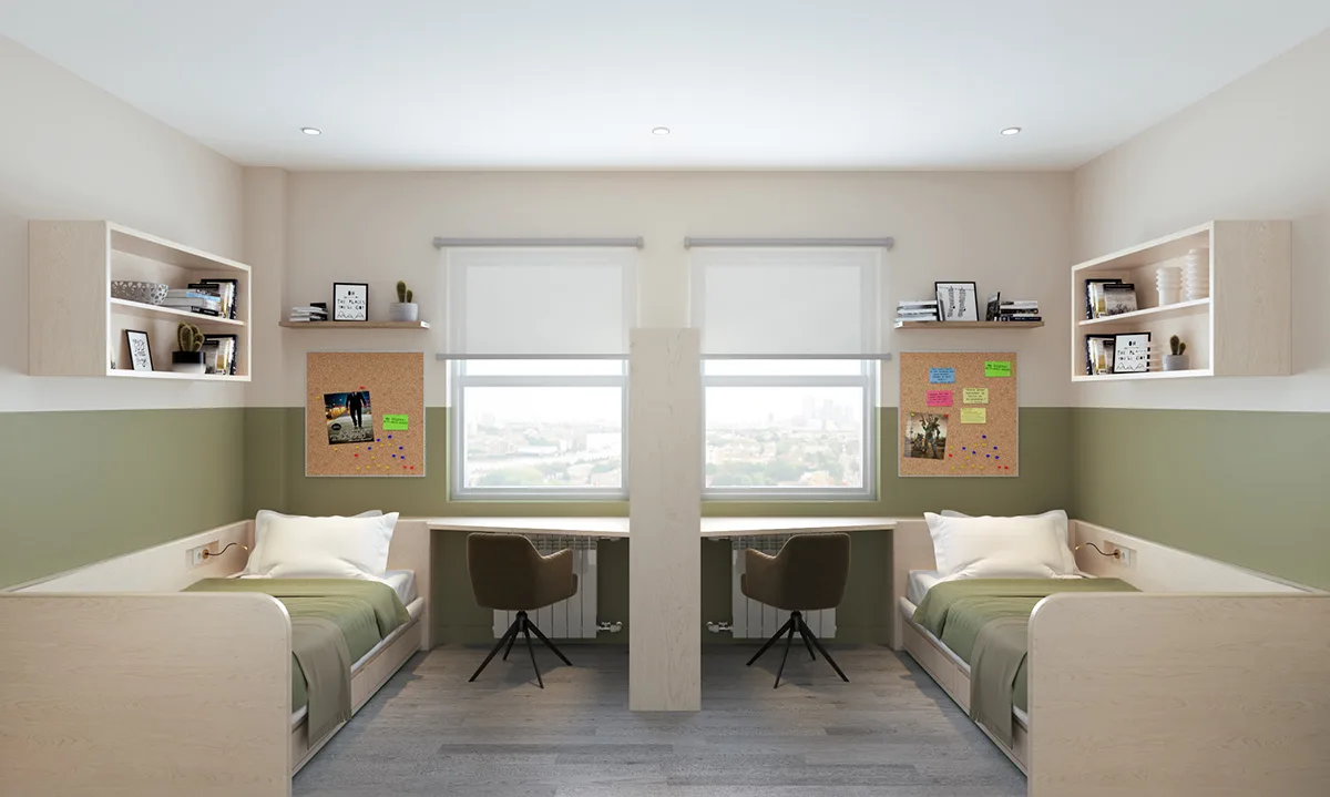 Cozy study area in Worth School's dormitory, designed for student productivity and comfort.
